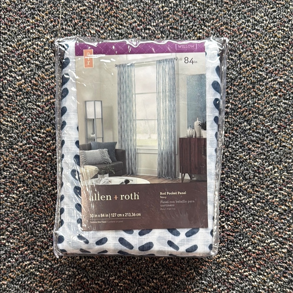 Set of two panels. NWT. Allen + Roth air rod pocket panels. Navy and white.